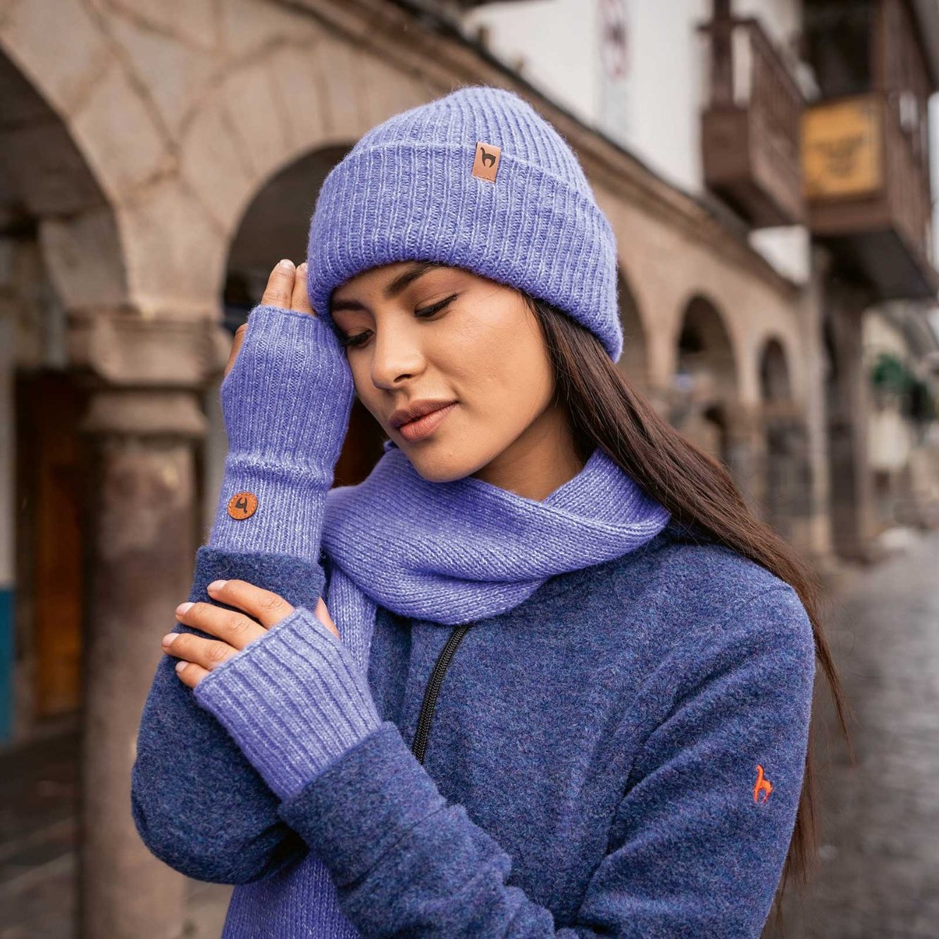 Akaari - Premium Alpaka Mützen Akaari - Premium Alpaka Mützen - Vier Lamas stehen auf einer weiten, offenen Wiese mit Bergen im Hintergrund.